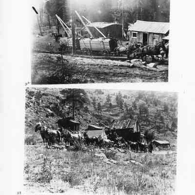 Page 12: Top photo: Horses and wagon with lumber (at saw mill?)
Bottom photo: Mining Camps Transport 1890s