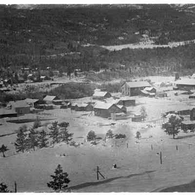 6. Postcard photo of Nederland, 1912.: Back side says, Taken June 17, 1912, after the foot snow of June 16. 'X' we lived here in 1900. 2-story house across from Finneys. --Violet Norris, Nederland, Colorado