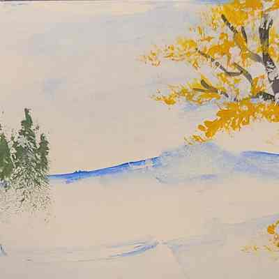 Postcard: Fall tree and pines with blue capped snow banks