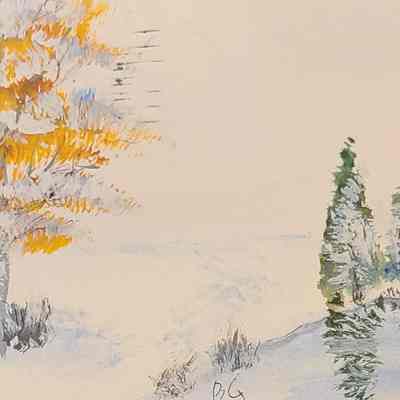 Postcard: Fall tree and pines covered in snow with pond