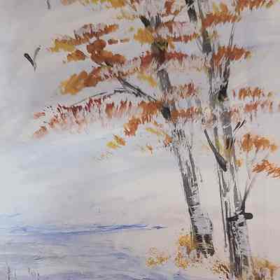 Postcard: Fall colors along the river and birds and snow