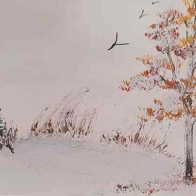 Postcard: Fall color tree and pine snow scene with birds and blowing tall grass