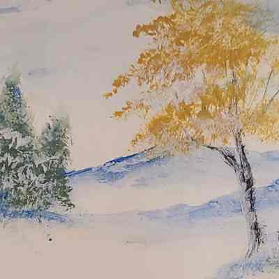 Postcard: Three Pines and yellow leaves with blue capped snow mounds
