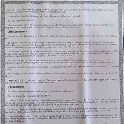 Newspaper Article: Full typed article from the Canton Repository from Nov. 10, 2006 celebrating her 100th Birthday,
