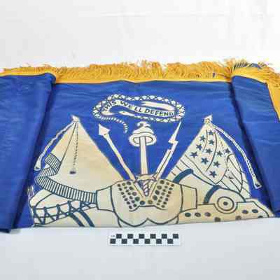 Blue satin flag with gold fringe