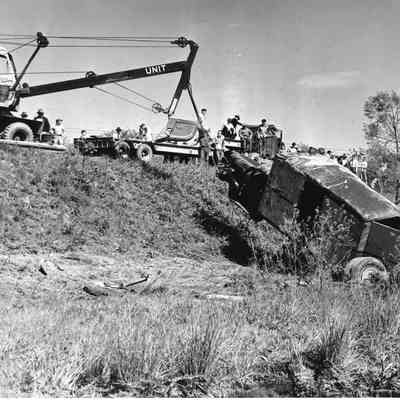 Halltown truck dynamite explosion - truck being removed from ditch