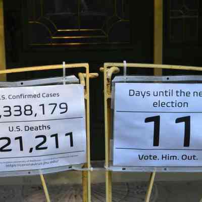 Sign with number of COVID-19 cases and deaths and days until election