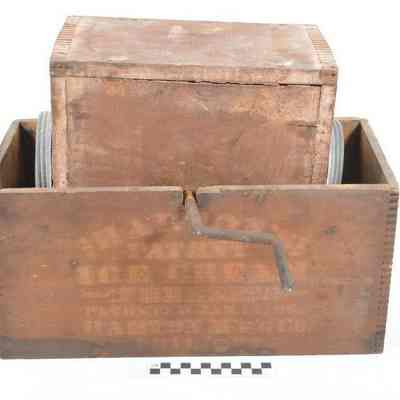 Wood and tin freezer with iron crank handle