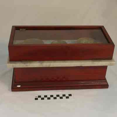 Scales with brass pans, wooden case and marble base