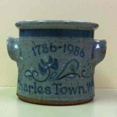 Gray, stoneware, two-handled crock made by Sycamore Pottery