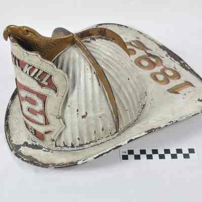 Leather helmet with leather shield on front marked "SCHUYLKILL 12 CA"