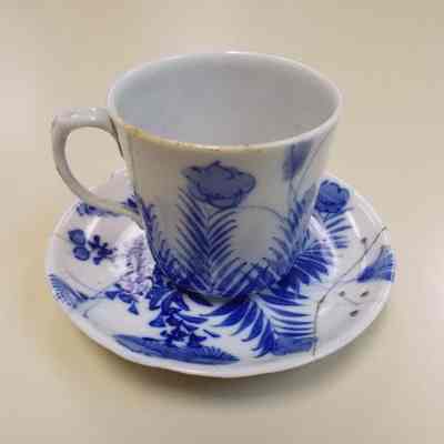 Cup and saucer with blue flower and fern design