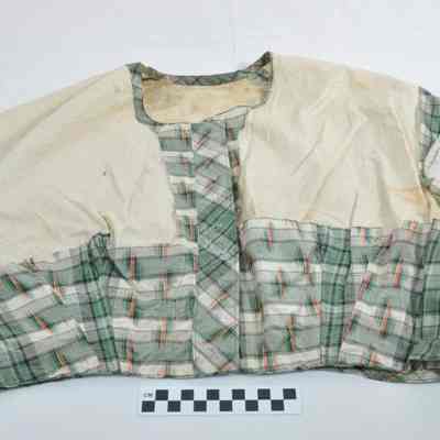 Green, white and pink taffeta blouse and high bodice long skirt