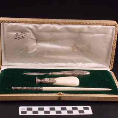 Desk set of pen, letter opener and letter sealer for wax seals