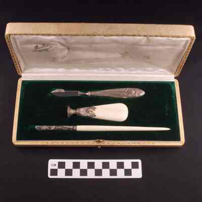 Desk set of pen, letter opener and letter sealer for wax seals