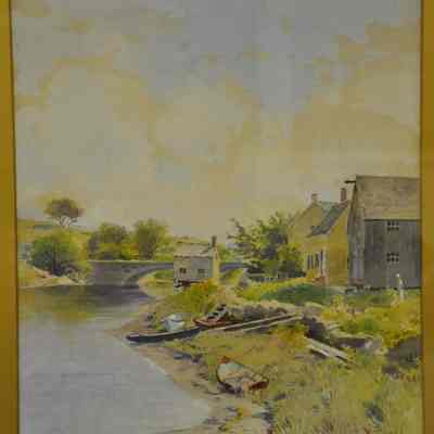 Water color of stone bridge, river and boats