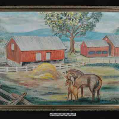 Painting of red barn and horses in field by Margaret Rissler Sinner