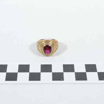 10 karat gold class ring with garnet stone