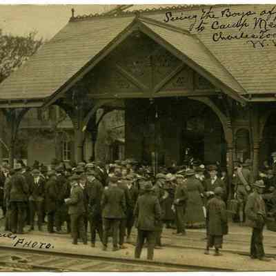 Men in front of a Charles Town train station on way to Camp Meade