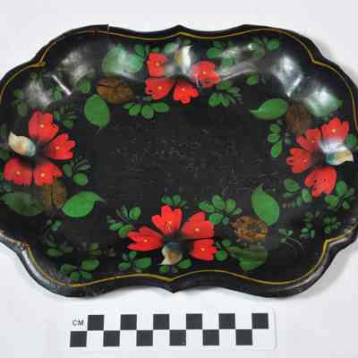 Tole ware tray painted black with red and green floral design