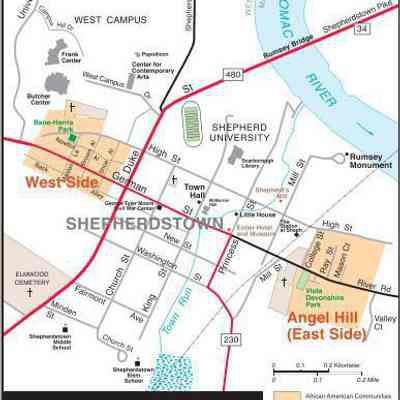 Maps showing African American communities and/or neighborhoods in Shepherdstown, Charles Town/Ranson, and Harpers Ferry/Bolivar