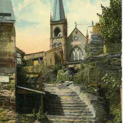 Stone steps and St. Peter's Catholic Church