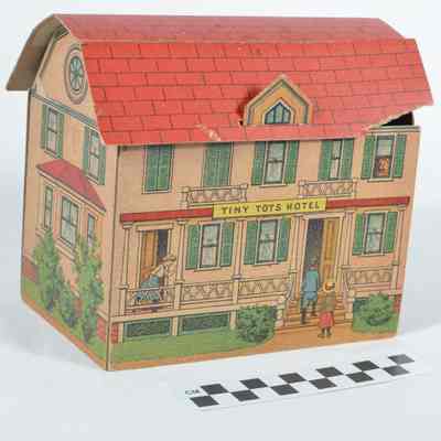 Cardboard dollhouse, entitled "Tiny Tots Hotel"