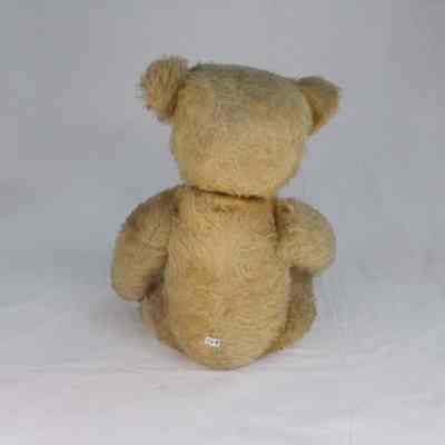 Bear has light tan cotton fur, black button eyes