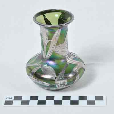 Green iridescent glass vase with silver overlay