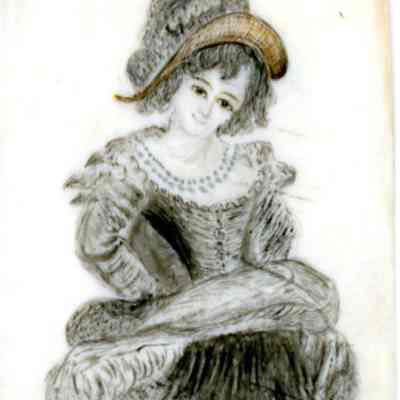 Scrimshaw of a woman in a feathered hat