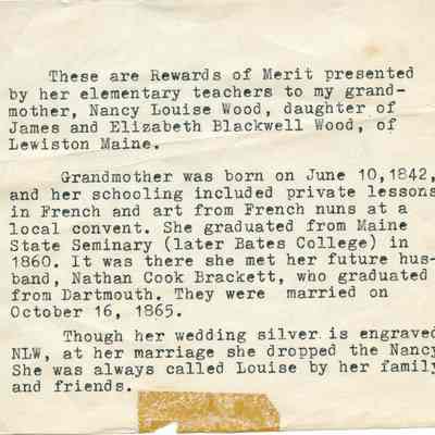 Rewards of merit given to Nancy Louise Wood