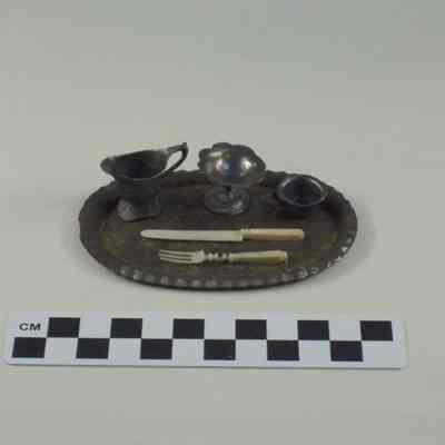 Doll's tray, cups, and cutlery (#932-937)