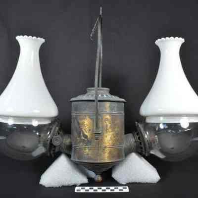 Two burner hanging lamp with original white glass chimneys and clear glass