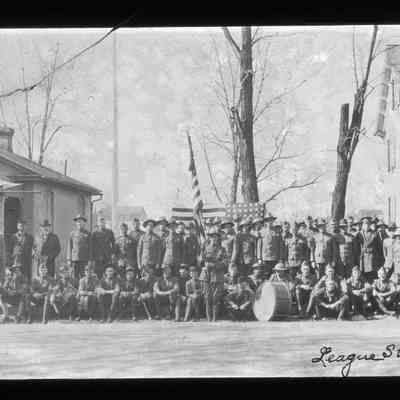 World War I soldiers with flags and drum