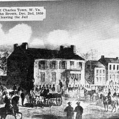 Postcard of a drawing of John Brown leaving jail for execution