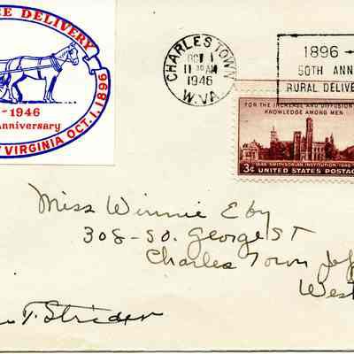 Envelope with first day cover for 50th anniversary of Rural Free Delivery