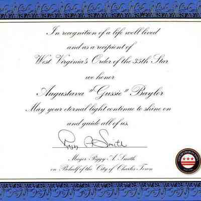Certificate from Charles Town Mayor Peggy Smith