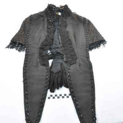 Black twill cape trimmed with lace and jet beads - front