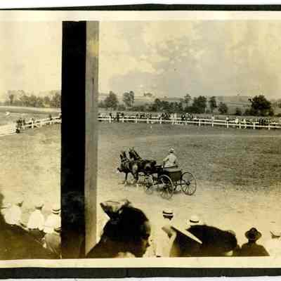 Carriage with two horses and rider inside field