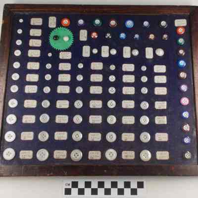 Storekeeper's button display in wood frame with glass front