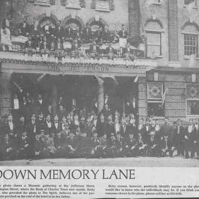 Masonic gathering in front of Thomas Jefferson Hotel, Charles Town
