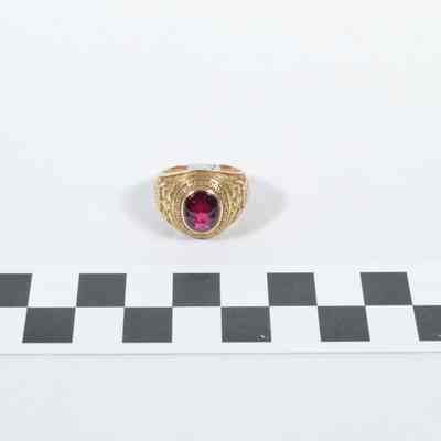 10 karat gold class ring with garnet stone