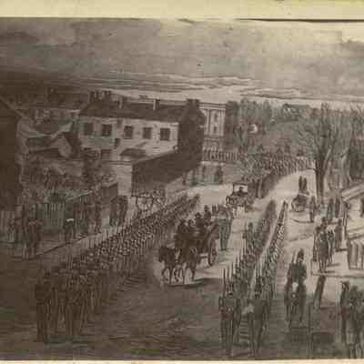 Drawing showing John Brown on wagon taking him to the scaffold