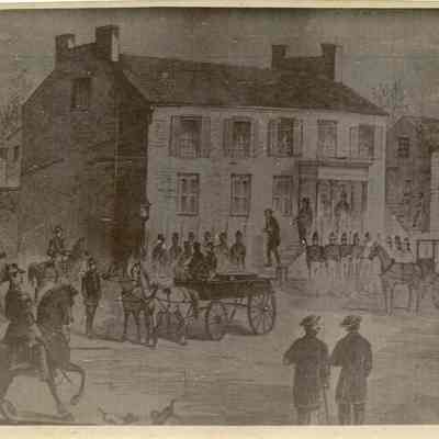 Drawing showing John Brown leaving jail for execution
