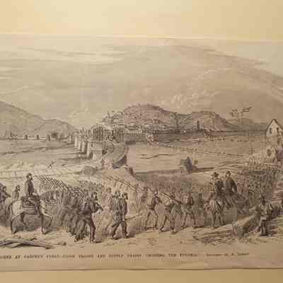A Scene at Harper's Ferry-- Union Troops and Supply Trains Crossing the Potomac. Sketched by A. Lumley.