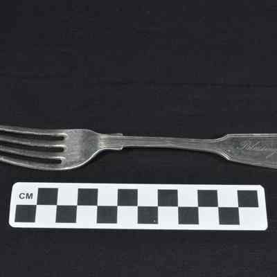 Sterling silver four-tined fork with "Blessing" engraved on handle