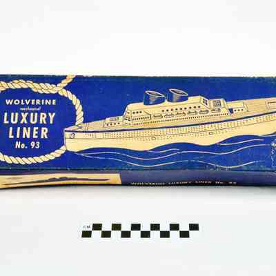 Red, white and blue tin ship box