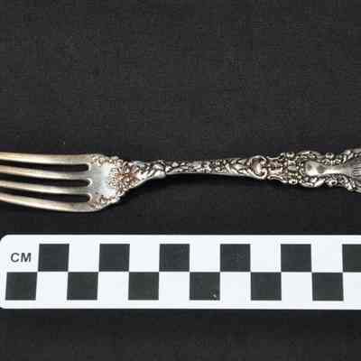 Fork with ornate floral design on handle all the way to the four tines