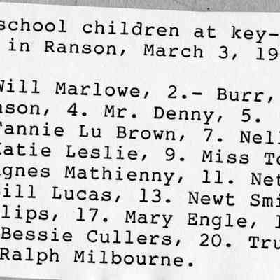 Reverse of photo of school children at school's keyhole door