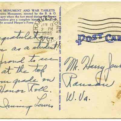 Back of postcard addressed to Harry Jenkins, Jr.